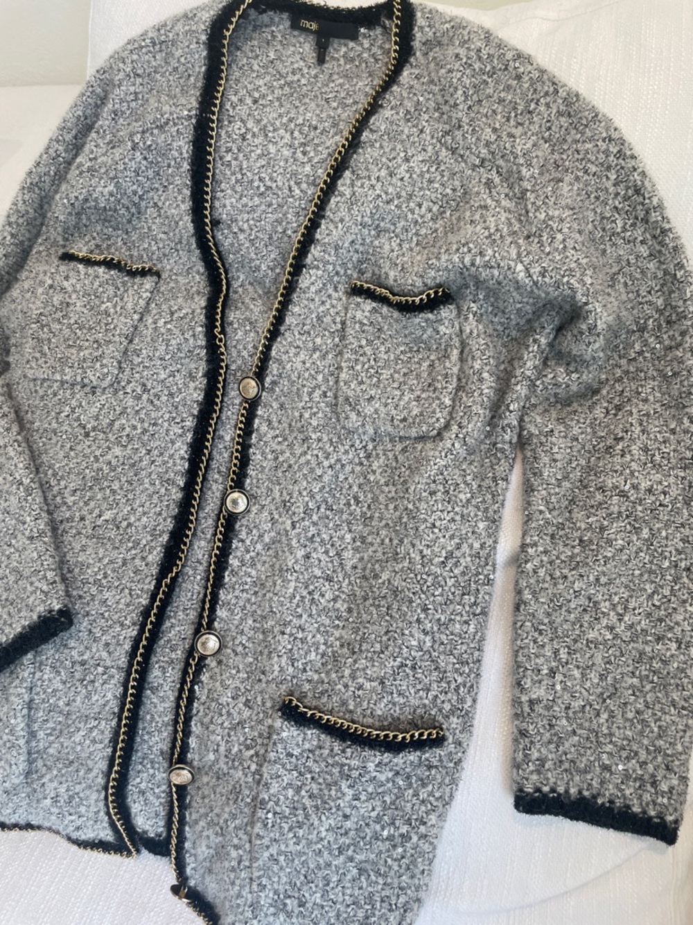 Maje Gray Bouclé Cardigan with Black and Gold Chain Trim